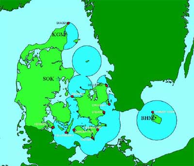 Radardækningen af de danske farvande inden igangsætningen af det kommende Kystradarprojekt.