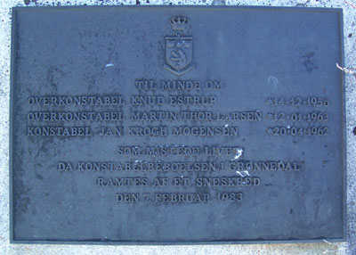Mindepladen for de omkomne ved sneskredet i Grnnedal 7. februar 1983
