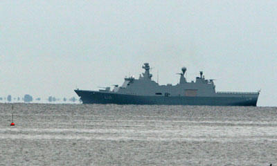 The command and support ship ABSALON anchored off Sealand's Point