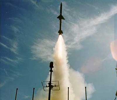 A Sea Sparrow missile is here shown immidiately after vertical launch
