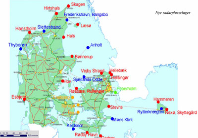 Af kortet fremgr den samlede placering af Kystradarstationerne